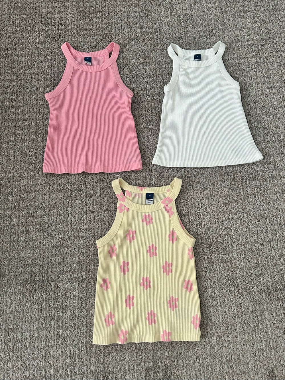 Old Navy Girls Ribbed Tank Tops - Pink, White, Yellow Floral (3-Pack)
